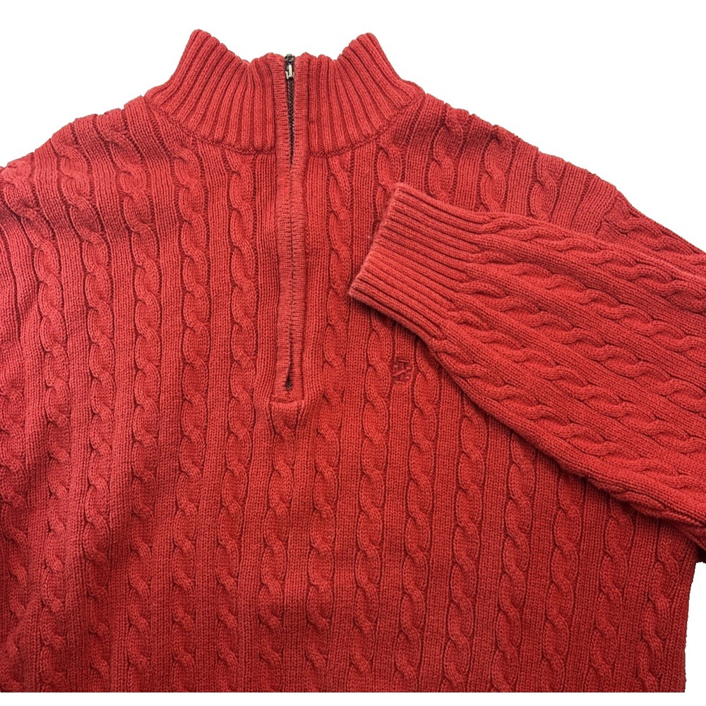 IZOD Men's Red Cable Knit Quarter Zip Mock Neck Pullover Sweater‎ Med Fisherman